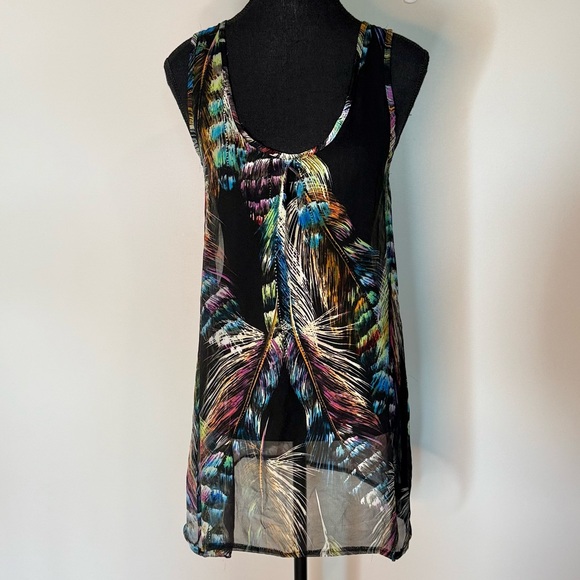 LOVELYGIRL COLLECTION Sheer Tank Top Black Multicolour Feather Pattern Racerback - Picture 7 of 10